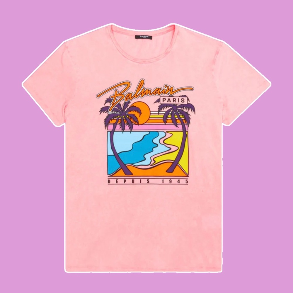 Balmain Pink T-Shirt with Tropical Graphic